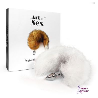 Металлическая анальная пробка с хвостом из натурального меха Art of Sex size M White fox фото и описание