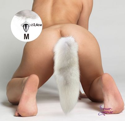 Металева анальна пробка з хвостом із натурального хутра Art of Sex size M White fox фото і опис