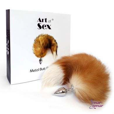 Металева анальна пробка з хвостом із натурального хутра Art of Sex size M Red fox фото і опис