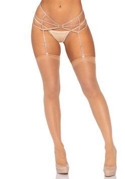 Пояс для панчіх зі стреп Leg Avenue Strappy Rhinestone Garterbelt Nude One Size, стрази фото і опис