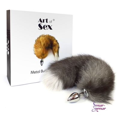 Металлическая анальная пробка с хвостом из натурального меха Art of Sex size M Artctic fox фото и описание