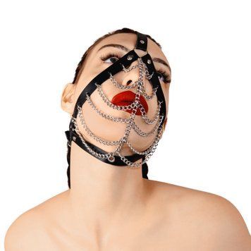 Маска з ланцюгами Art of Sex - Devon, натуральна шкіра, колір чорний фото і опис