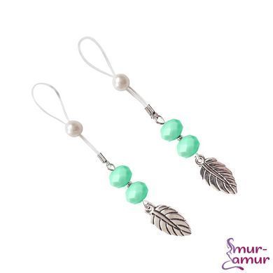 Украшения с бусинами и листиком для сосков Art of Sex &ndash; Nipple Jewelry Leaf, мятные фото и описание