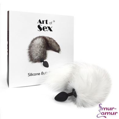Силиконовая анальная пробка с хвостом из натурального меха Art of Sex size M White fox