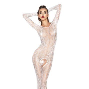 Бодістокінг Passion BS042 white, комбінезон, довгий рукав, закрите плече фото і опис