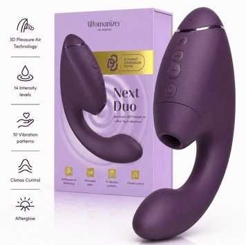 Подвійний вакуумний кліторальний стимулятор з вібрацією Womanizer Next Duo - Dark Purple фото і опис