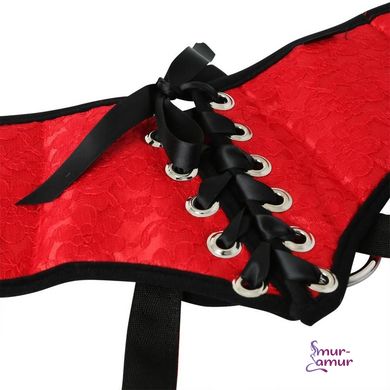 Трусы для страпона Sportsheets - SizePlus Red Lace Satin Corsette, с корсетной утяжкой, ульракомфорт фото і опис
