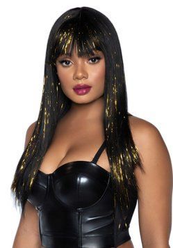 Чорна перука із золотими пасмами Leg Avenue Long bang wig with tinsel, 60 см фото і опис