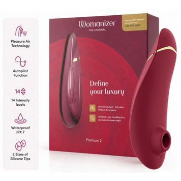 Вакуумний кліторальний стимулятор Womanizer Premium 2 - Bordeaux, функції Autopilot та Smart Silence фото і опис