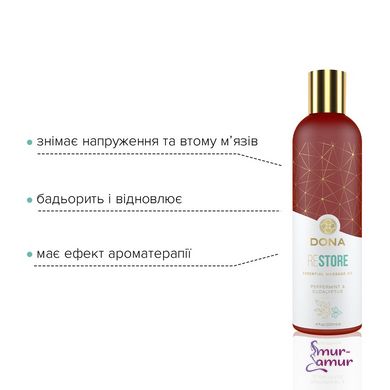 Натуральна масажна олія DONA Restore – Peppermint & Eucalyptus (120 мл) з ефірними оліями фото і опис