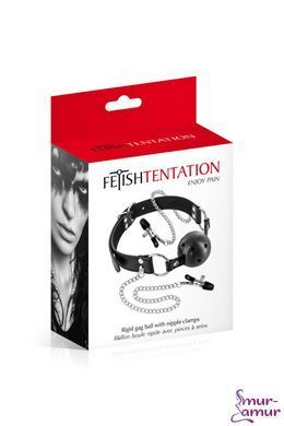 Воздухопроницаемый кляп с зажимами для сосков Fetish Tentation Rigid Gag Ball with Nipple Clamps фото и описание