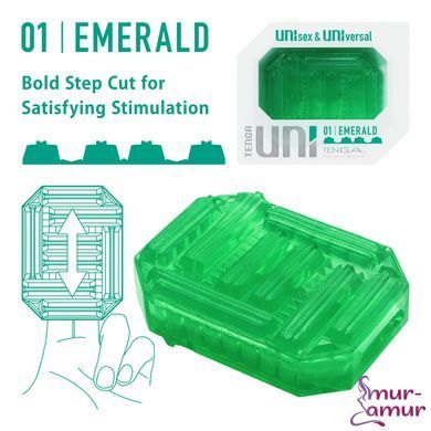 Унисекс-стимулятор Tenga UNI Emerald, зеленый, с геометрическим рельефом, лубрикант в комплекте