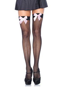 Чулки-сетка с атласным бантиком Leg Avenue Fishnet Thigh Highs One size, Black, With Bow Pink фото и описание