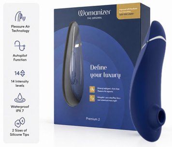 Вакуумный клиторальный стимулятор Womanizer Premium 2 - Blueberry, функции Autopilot и Smart Silence фото и описание
