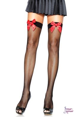 Leg Avenue Fishnet Thigh Highs With Bow OS Black & Red фото и описание