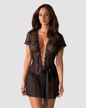Пеньюар Obsessive Alluria peignoir & thong, L/XL, прозрачный, с кружевом, пояс, трусики в комплекте фото и описание