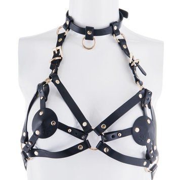 Портупея на грудь LOCKINK SEVANDA Queen Chest Harness with Removable Bra, чорна, зі знімними пестис фото і опис