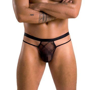 Чоловічі прозорі стринги Passion 029 THONG COLLIN L/XL Black, сітка фото і опис