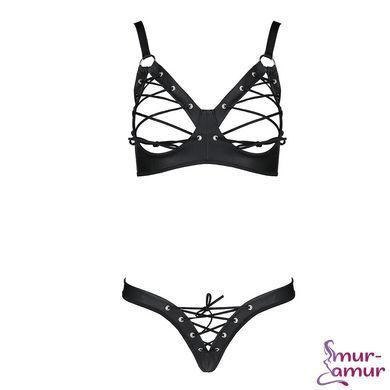 Комплект з екошкіри Passion CELINE BIKINI S/M black відкритий бра зі стрічками, стрінги зі шнурівкою фото і опис