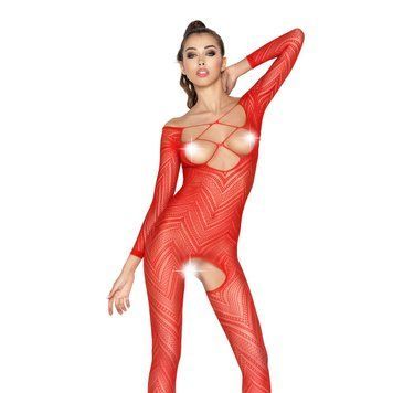Бодістокінг Passion BS040 red, комбінезон з відкритими грудьми фото і опис