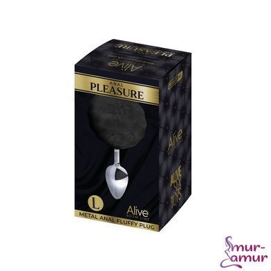 Металлическая анальная пробка Кроличий хвостик Alive Fluffy Plug L Black, диаметр 3,9 см