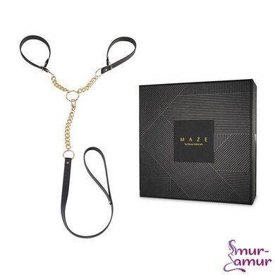 Наручники з повідцем Indiscrets MAZE - T-Restraints Black, екошкіра, подарункова упаковка фото і опис