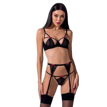 Комплект білизни PERDITA SET black L/XL - Passion Exclusive: стрепи: ліф, стрінги і пояс для панчох фото і опис