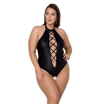 Боди из экокожи Passion NANCY BODY 6XL/7XL black, с имитацией шнуровки и открытым доступом фото и описание