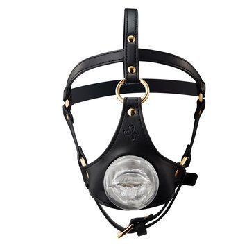 Маска-збруя для мінету LOCKINK SEVANDA Blowjob Head Harness, чорна, з м&rsquo;якою вставкою у вигляді губ фото і опис