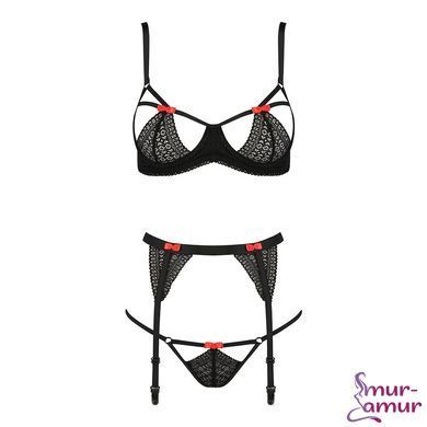 Комплект білизни PERDITA SET black S/M - Passion Exclusive: стрепи: ліф, стрінги і пояс для панчох фото і опис