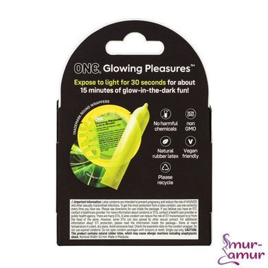Презервативи ONE Glowing Pleasures, 3 шт, світяться в темряві, зі змазкою, картонне паковання